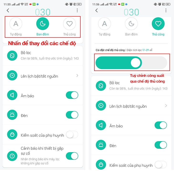 Chuyển chế độ hoạt động của máy lọc không khí
