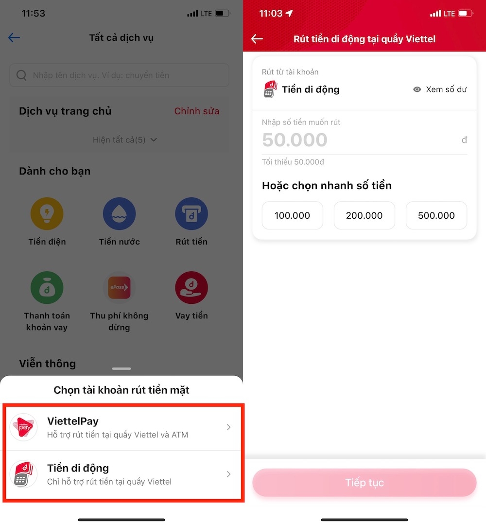 Cách rút tiền thông qua ứng dụng Viettel Money 2