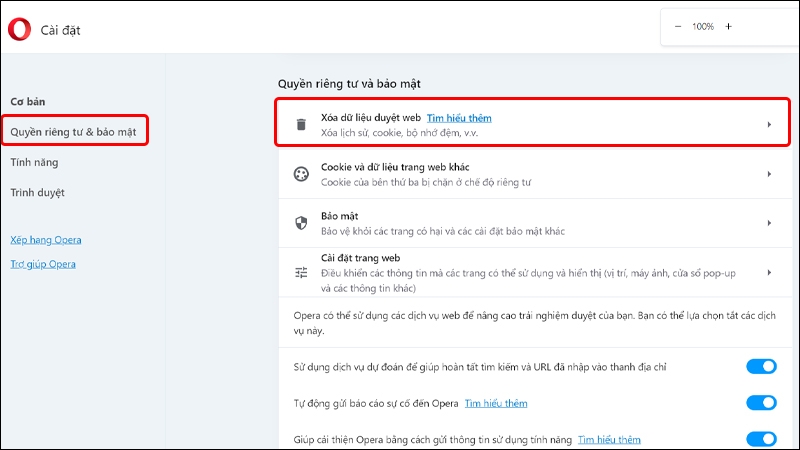 Cách xóa toàn bộ dữ liệu trên trình duyệt Opera trên máy tính