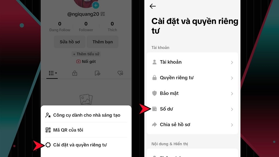 Chọn 'Cài đặt quyền riêng tư' và 'Số dư'