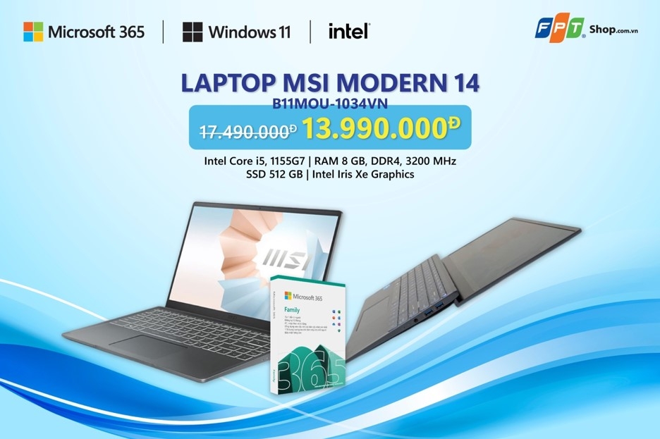 2. LAPTOP MSI MODERN 14 B11MOU-1034VN I5 1155G7/8GB/512GB/14"FHD/WIN 11
