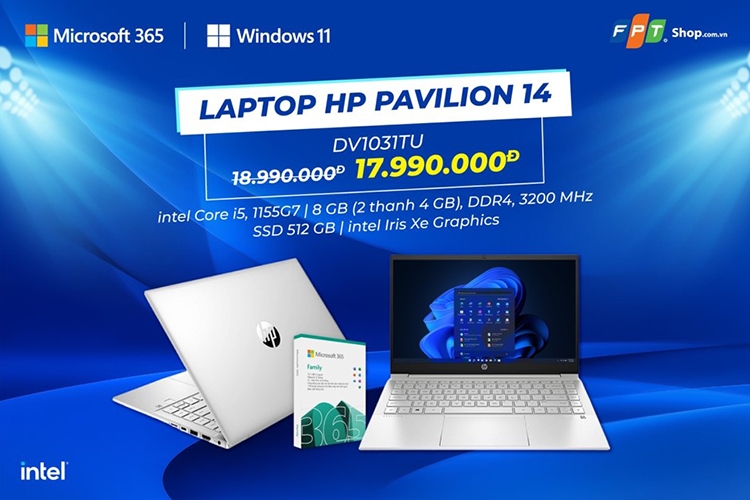 1. LAPTOP HP PAVILION 14 DV1031TU/I5 1155G7/8GB/512GB/14"FHD/WIN 11