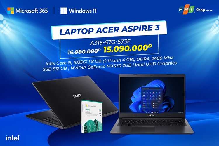 4. LAPTOP ACER ASPIRE 3 A315-57G-573F I5 1035G1/8GB/512GB SSD/NVIDIA GEFORCE MX330 2GB/WIN11