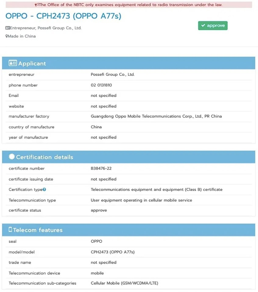 OPPO A77s đạt chứng nhận NBTC