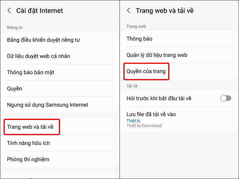 Cách cấp quyền truy cập trên Samsung Internet