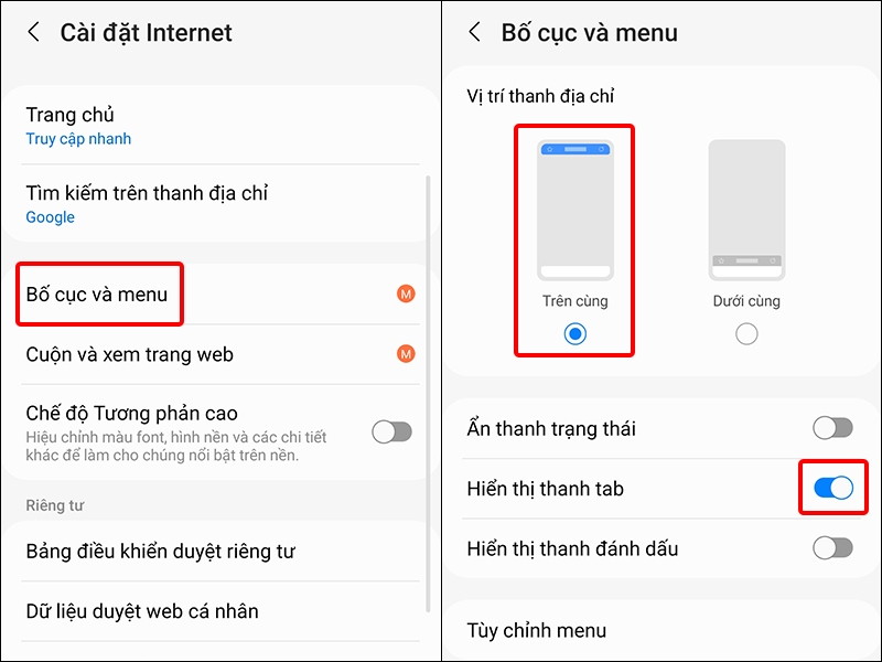 Cách hiện tab dưới thanh địa chỉ trên Samsung Internet