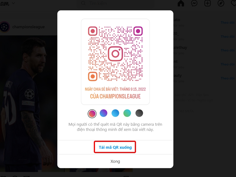Chia sẻ bài viết trên Instagram bằng mã QR với máy tính