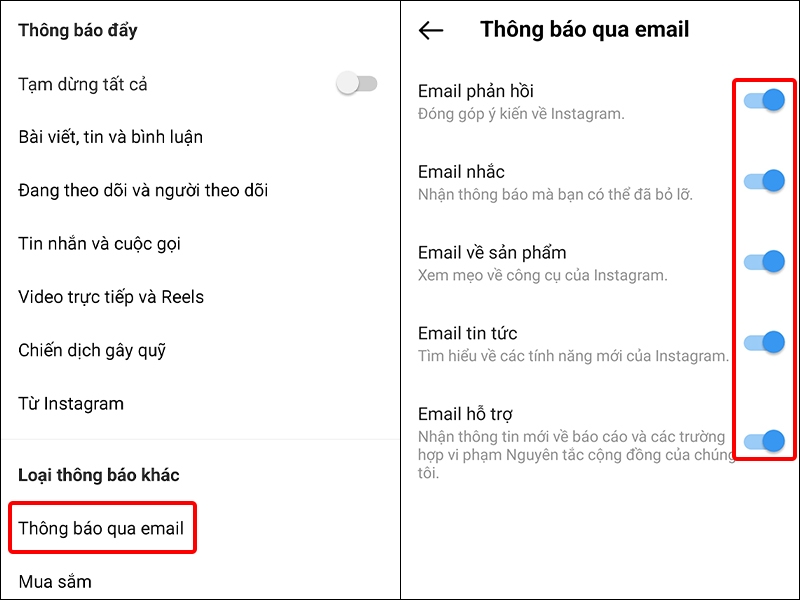 Cách bật, tắt thông báo Instagram qua email trên điện thoại