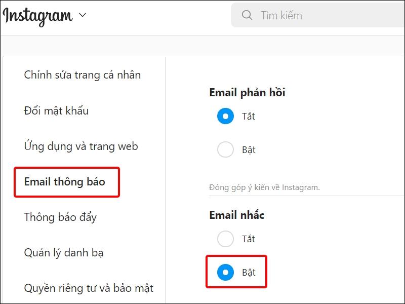 Cách bật, tắt thông báo Instagram qua email trên máy tính