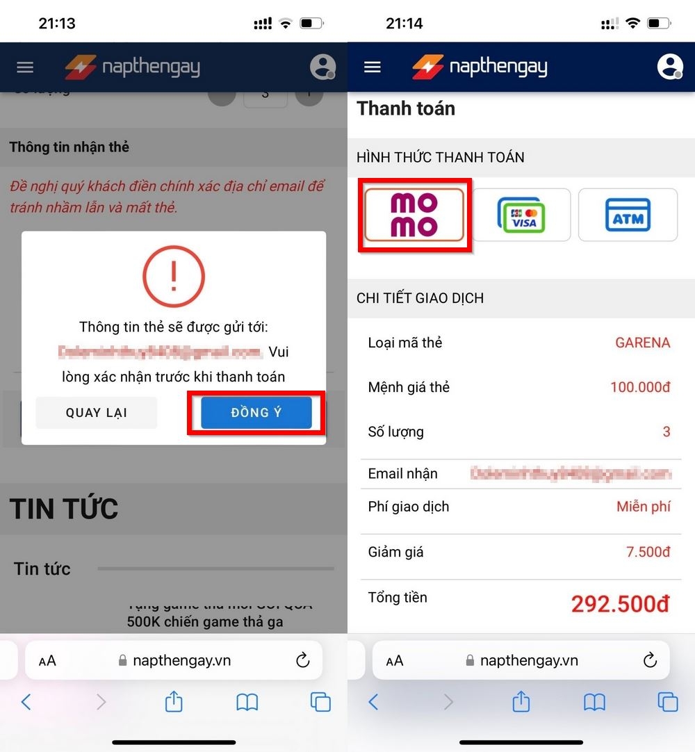 Cách mua thẻ Garena, thẻ Zing thanh toán bằng ví MoMo 3