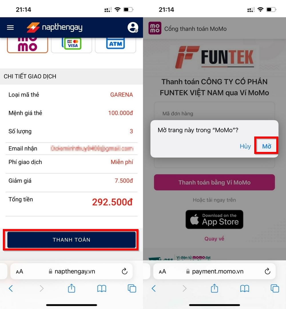Cách mua thẻ Garena, thẻ Zing thanh toán bằng ví MoMo 4