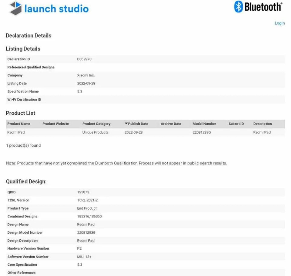Redmi Pad đạt chứng nhận Bluetooth