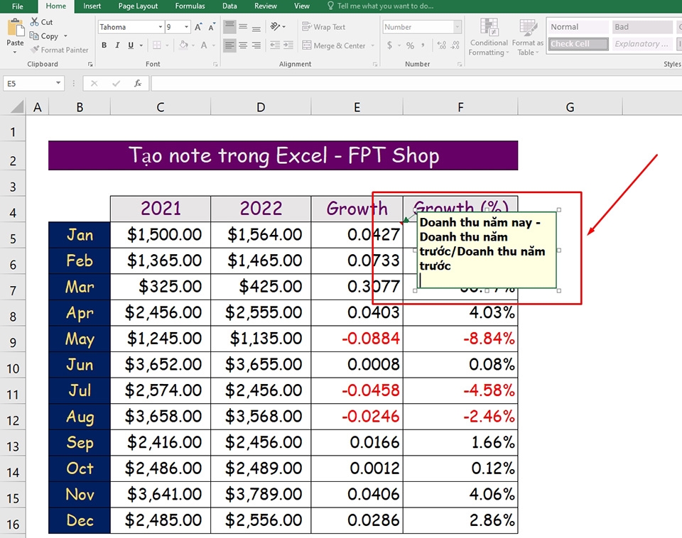 Tạo note trong Excel - Ảnh 03