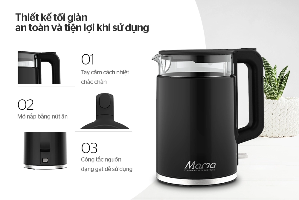 Bình đun siêu tốc thủy tinh Sunhouse 1.7L SHD1330