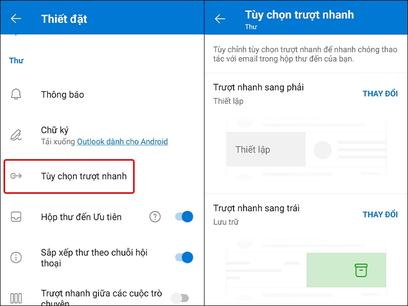 Hướng dẫn sử dụng tùy chọn trượt nhanh trên Outlook