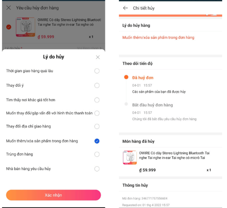 Chọn lý do hủy đơn hàng