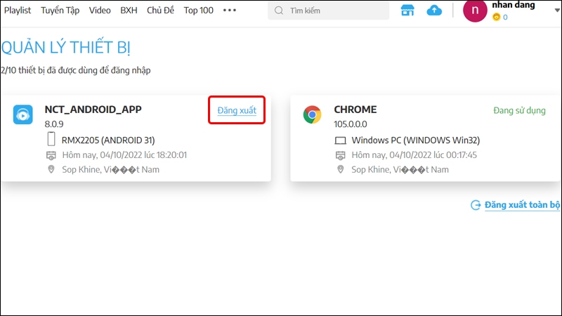 Hướng dẫn quản lý thiết bị đăng nhập tài khoản Nhaccuatui trên máy tính
