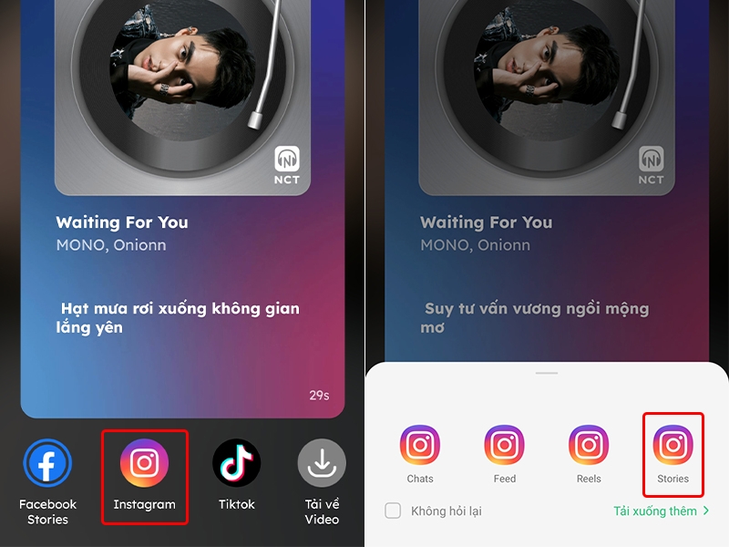 Chia sẻ bài hát lên story Instagram bằng ứng dụng Nhaccuatui