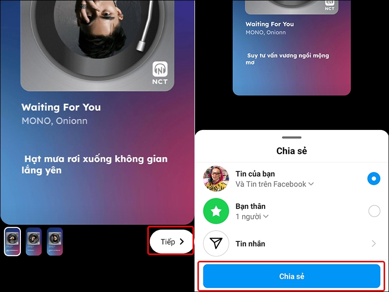Chia sẻ bài hát lên story Instagram bằng ứng dụng Nhaccuatui