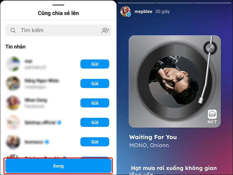 Chia sẻ bài hát lên story Instagram bằng ứng dụng Nhaccuatui
