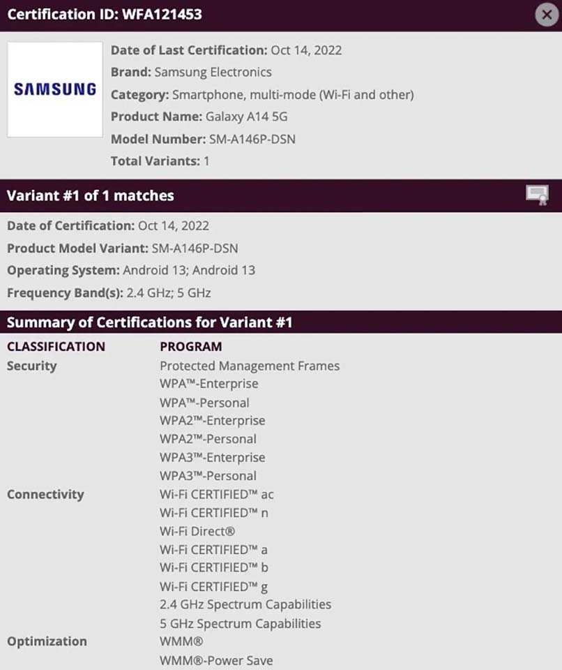 Samsung Galaxy A14 5G đạt chứng nhận Wi-Fi