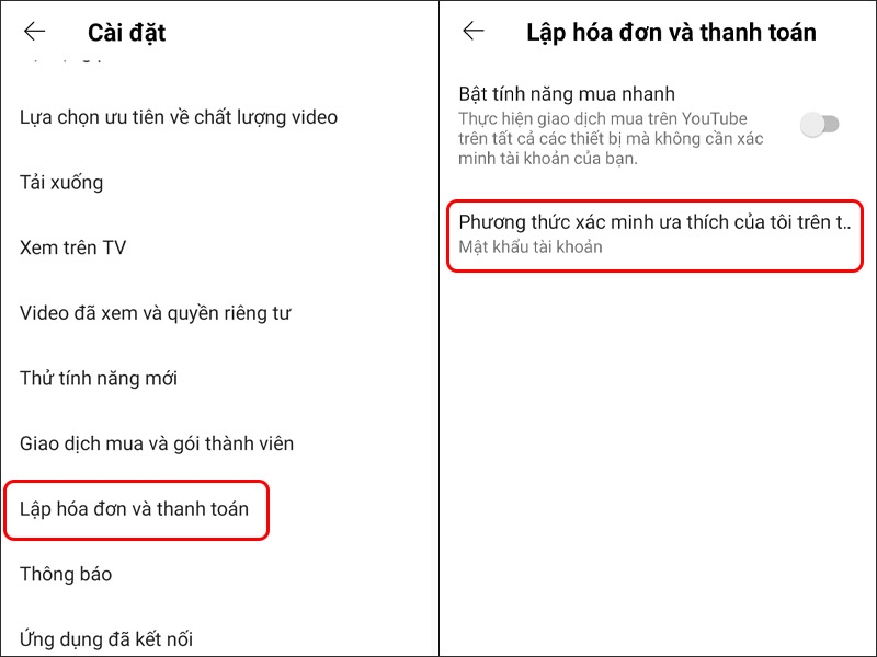 Thay đổi phương thức xác minh khi lập hóa đơn và thanh toán trên YouTube