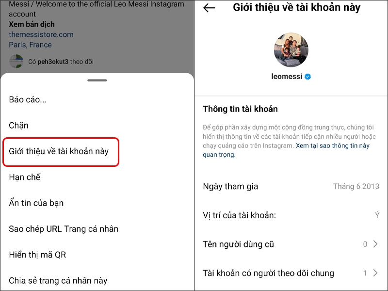Cách xem giới thiệu chi tiết tài khoản Instagram của người nổi tiếng