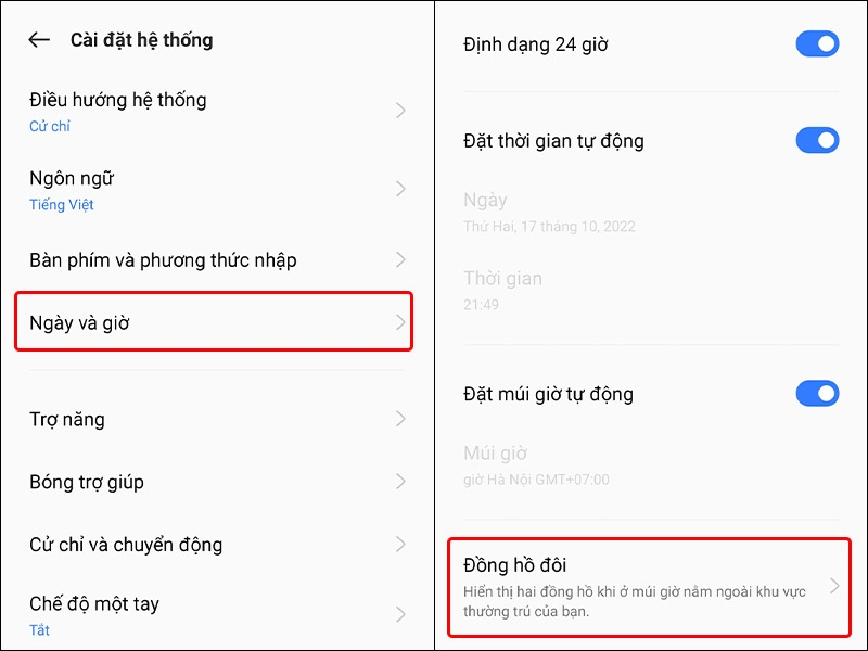 Cách để hiển thị 2 múi giờ trên điện thoại Realme thông qua Cài đặt