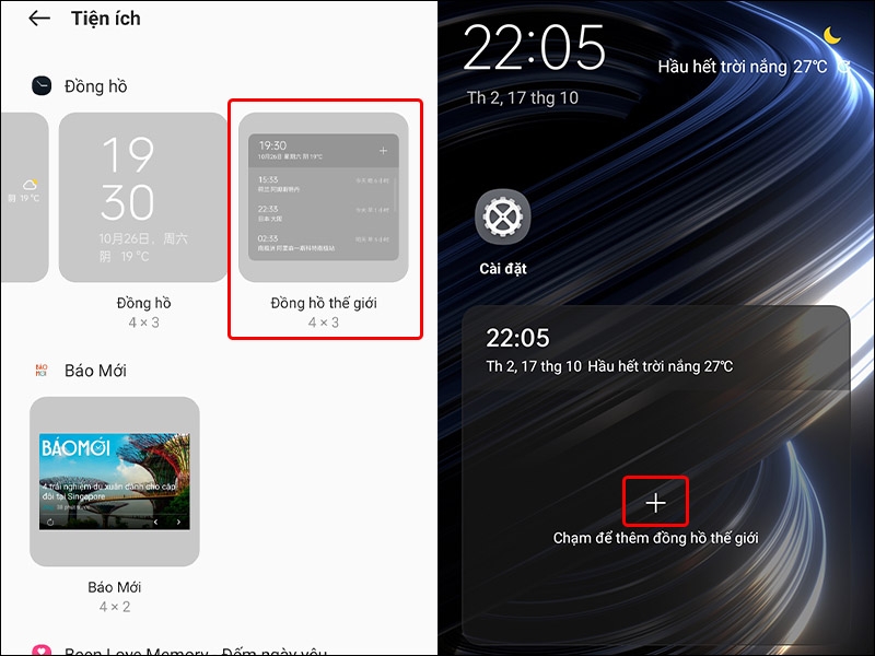 Cách để hiển thị 2 múi giờ trên điện thoại Realme thông qua Widget