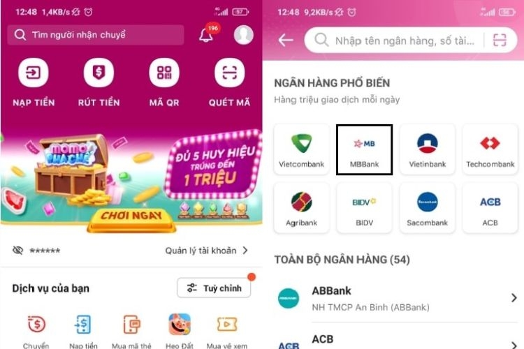 Cách nạp tiền vào ViettelPay với ứng dụng Momo