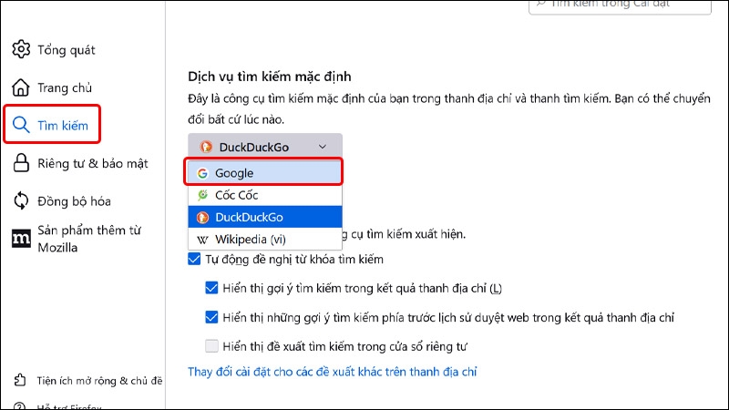 Cách thay đổi công cụ tìm kiếm trên trình duyệt FireFox bằng máy tính