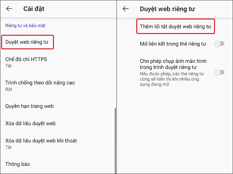 Cách thêm lối tắt duyệt web riêng tư FireFox ra màn hình điện thoại