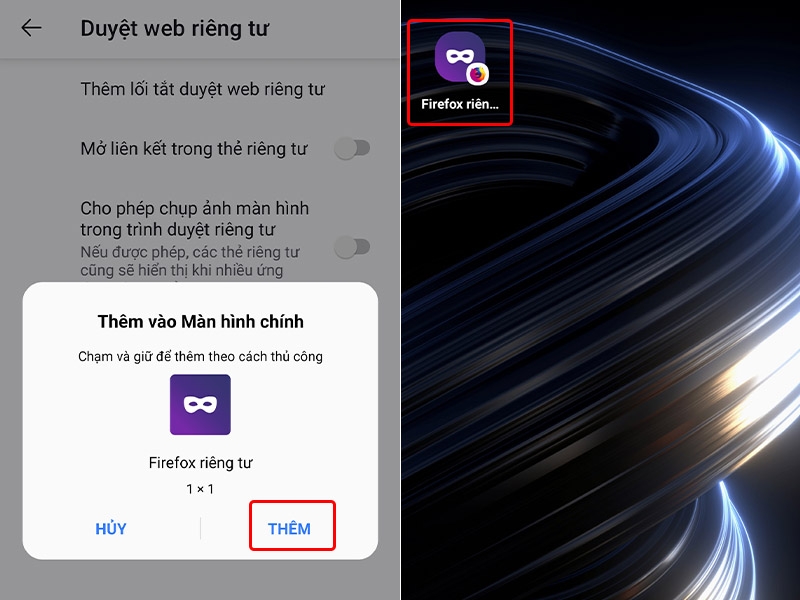 Cách thêm lối tắt duyệt web riêng tư FireFox ra màn hình điện thoại