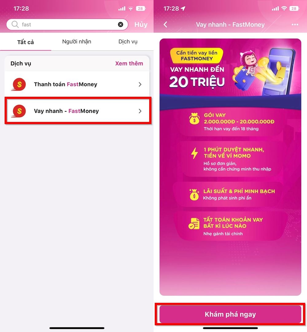 Các bước vay tiền trên MoMo bằng FastMoney 1