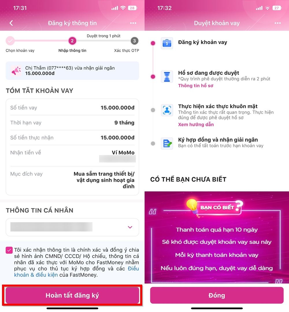 Các bước vay tiền trên MoMo bằng FastMoney 3