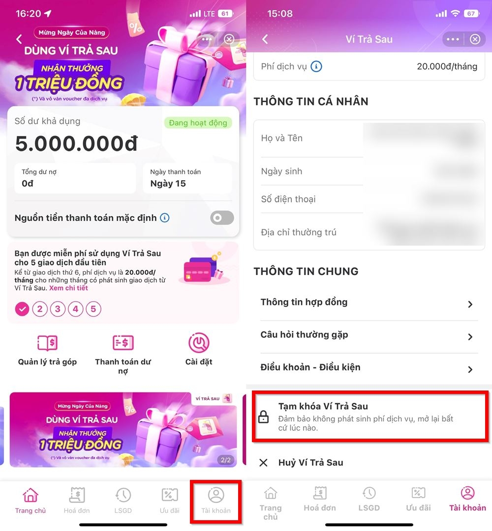 Cách tạm khóa ví trả sau MoMo 2