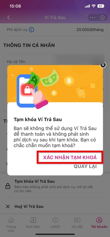 Cách tạm khóa ví trả sau MoMo 3