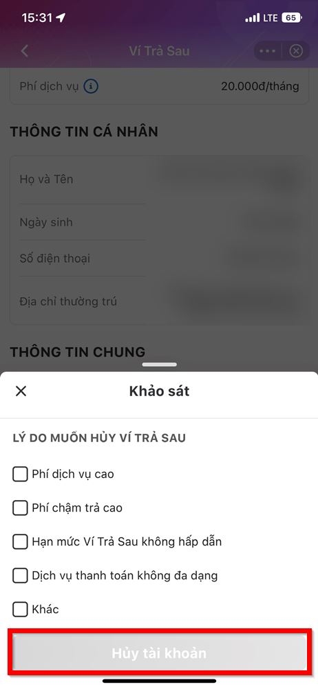 Cách hủy ví trả sau MoMo 3