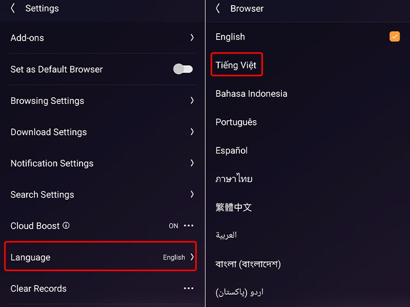 Cách thay đổi ngôn ngữ trình duyệt UC Browser sang tiếng Việt