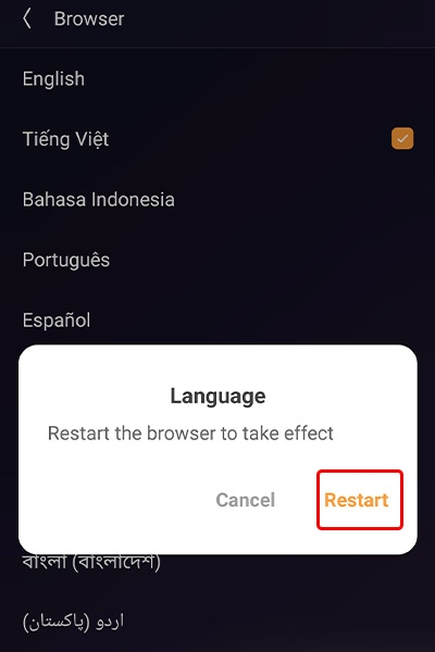 Cách thay đổi ngôn ngữ trình duyệt UC Browser sang tiếng Việt