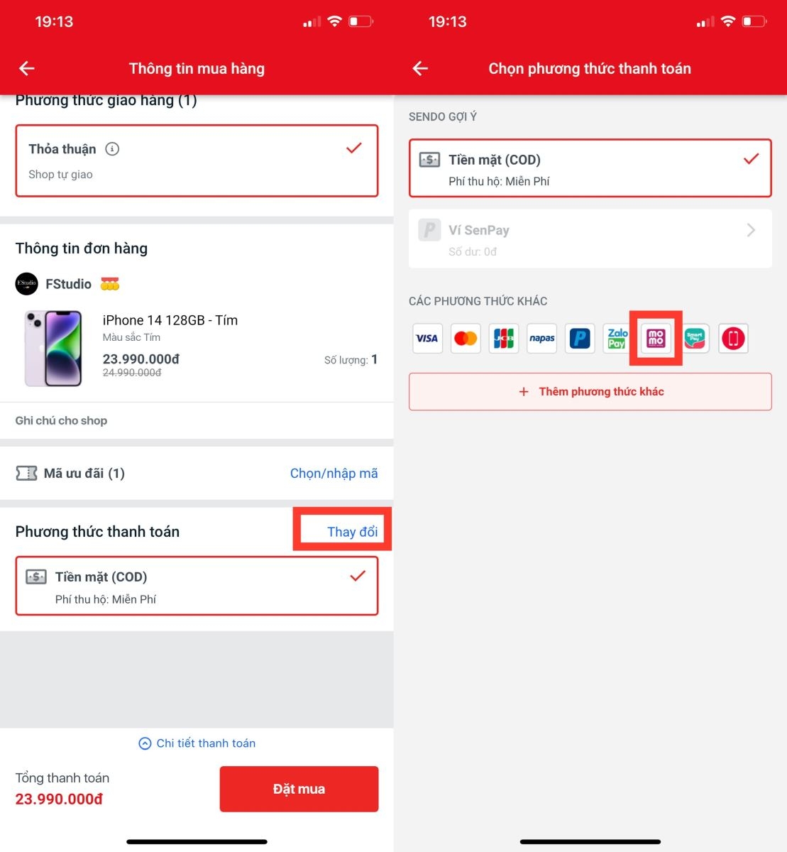 Cách liên kết ví MoMo với Sendo 1