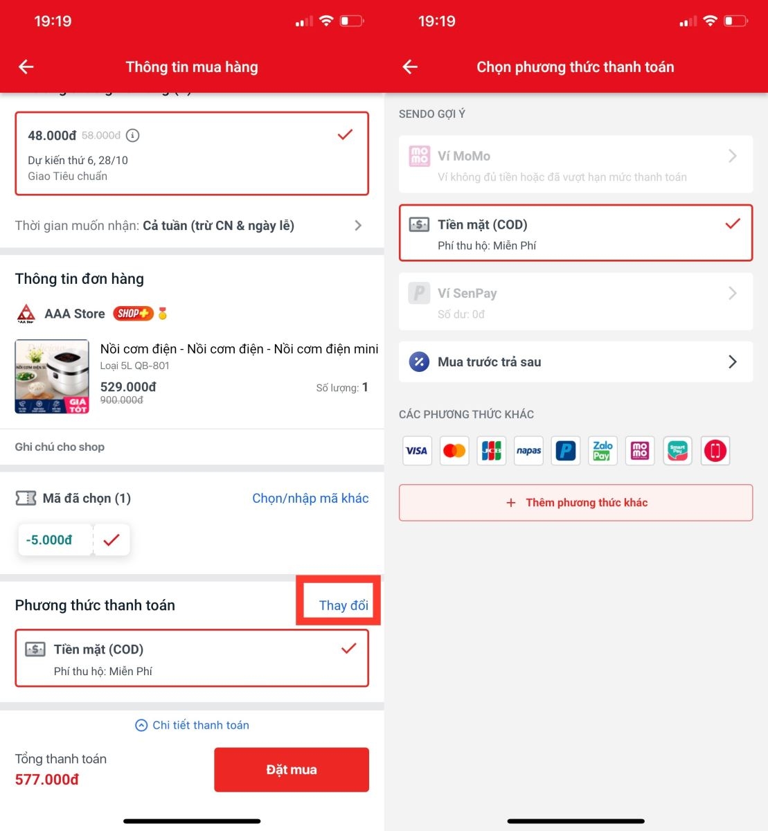 Cách thanh toán Sendo qua MoMo