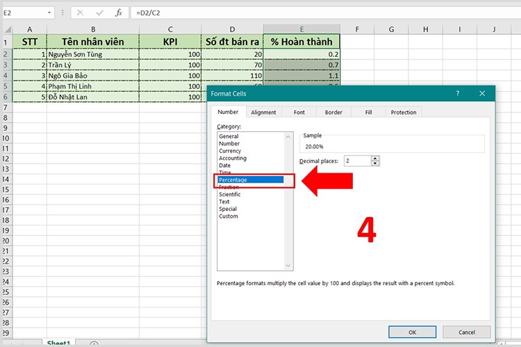 Cách tính phần trăm trong Excel - Bước 4