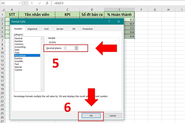 Cách tính phần trăm trong Excel - Bước 5 và 6
