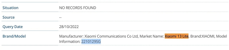 Xiaomi 13 Lite đạt chứng nhận IMEI