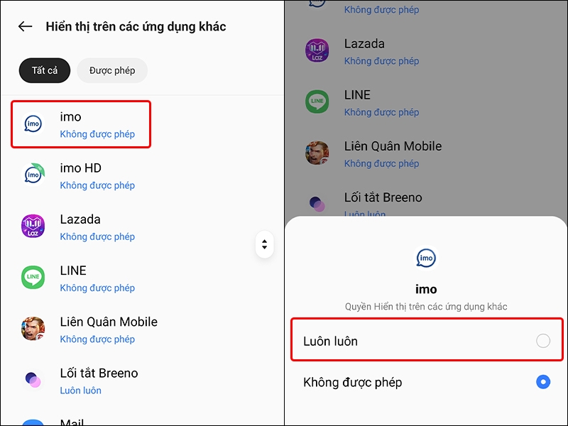 Cách bật bong bóng chat cho ứng dụng imo