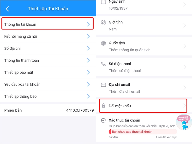 Hướng dẫn thay đổi mật khẩu Tiki trên điện thoại