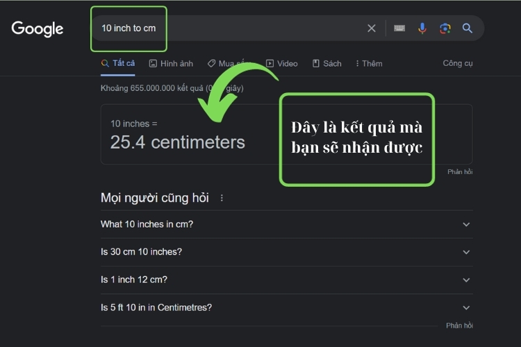 Chuyển đổi inch ra cm bằng Google