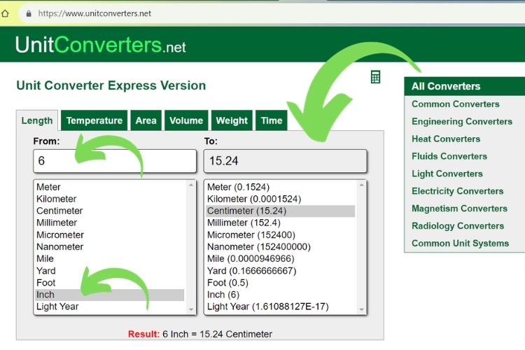 hướng dẫn chuyển đổi inch ra cm bằng Unit Converters