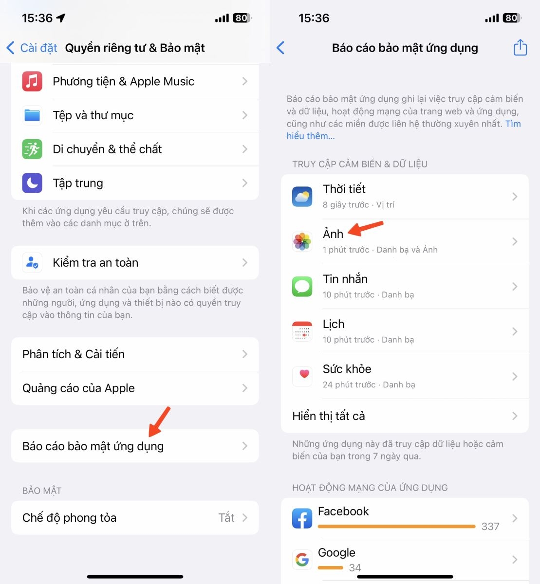 bật app privacy report trên iphone